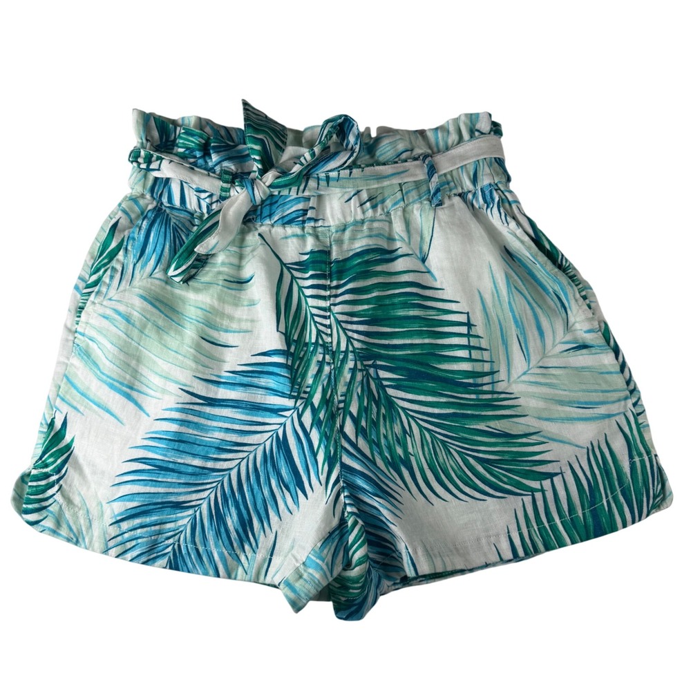 Tahari Linen Shorts Womens Small White Teal Green Excellent Paperbag Palm Print